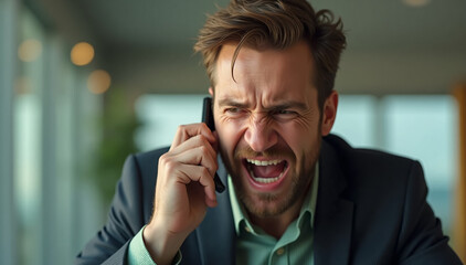  A mid shot of a man with a visibly angry and frustrated expression, his brows furrowed and mouth wide open as he shouts into his phone
