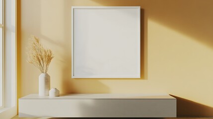 A minimalist yet warm space featuring a blank white frame on a gradient beige, yellow, , paired with a sleek modern credenza.