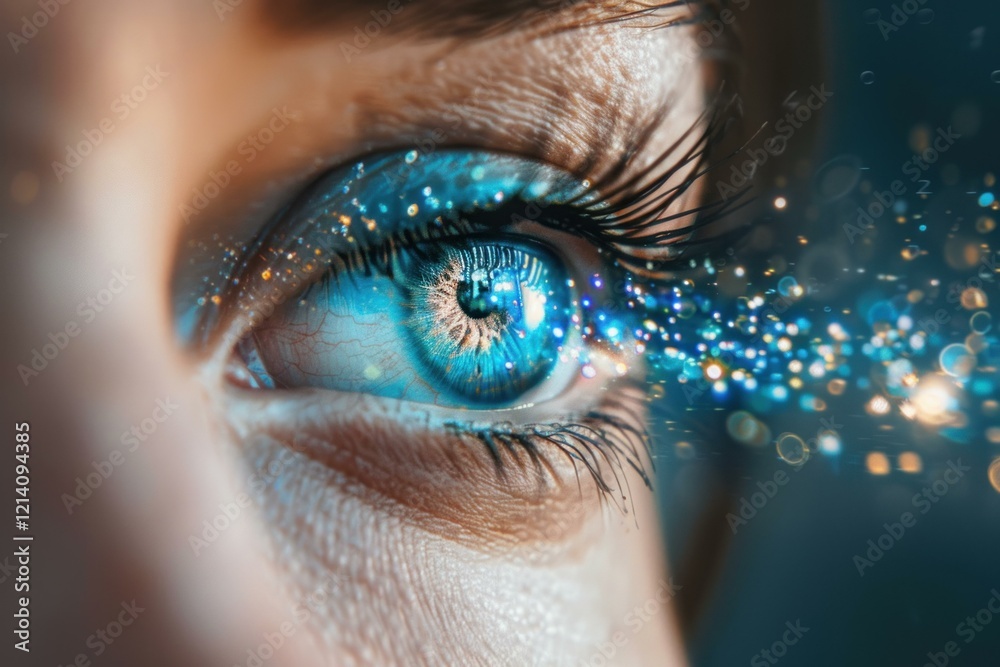 Wall mural woman with blue eye is looking up surrounded by binary code and digital data flow