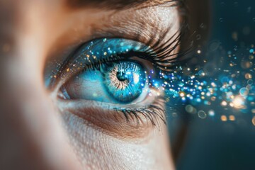 Woman with blue eye is looking up surrounded by binary code and digital data flow