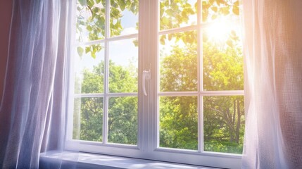 Sunlit Window with Sheer Curtains and Lush Green Trees.