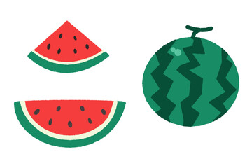 丸ごとのスイカとカットスイカのイラストセット