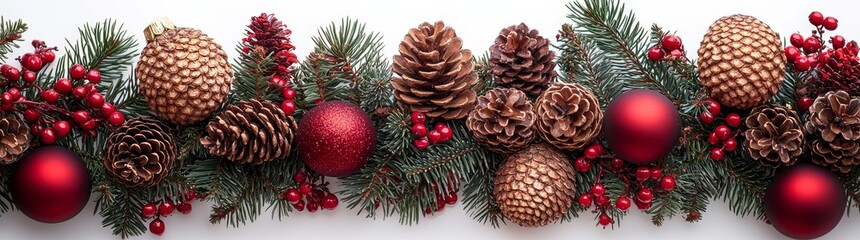 Fototapeta premium Ideal for seasonal celebrations and holiday decorations, this festive Christmas garland is decorated with pine cones, green needles, and red berries