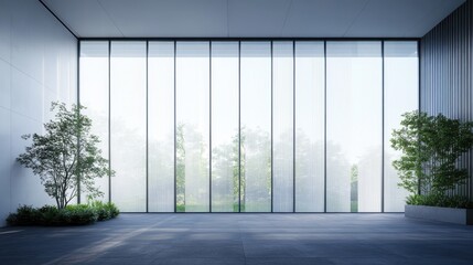 Modern minimalist interior design with large window and plants.