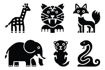 Minimalist Black Silhouette Animal Vector Icons - Giraffe, Tiger, Fox, Elephant, Otter, Cobra - Perfect for World Wildlife Day Designs