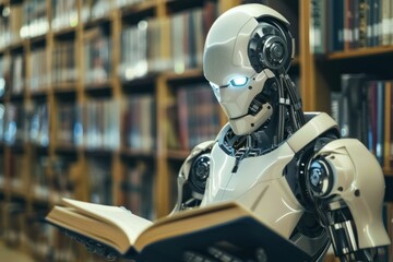 Fototapeta premium White humanoid robot is standing in a library, holding a book and gathering information