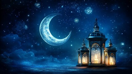 Illuminated lanterns under crescent moon and starry night sky.