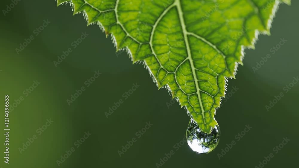 Poster capturing the beauty of nature with a drop of water hanging from a leaf in a serene setting