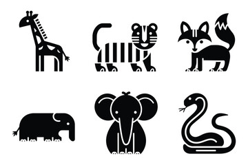 Minimalist Black Silhouette Animal Vector Icons - Giraffe, Tiger, Fox, Elephant, Otter, Cobra - Perfect for World Wildlife Day Designs