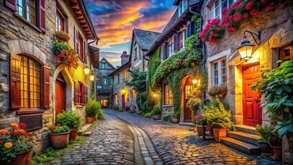 Naklejka premium Historic Cobblestone Alley - European Village Architecture