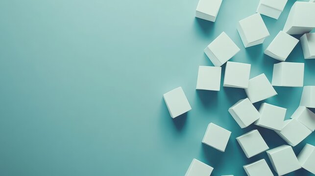 Abstract Minimalist Composition of White Cubes on Teal Background.