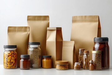 Different food packaging box mockup with brown paper bag, cosmetic product and glass jar, isolated on transparent background, 3D rendering