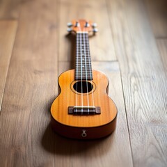 Fototapeta premium Ukulele rests on a light brown wooden floor