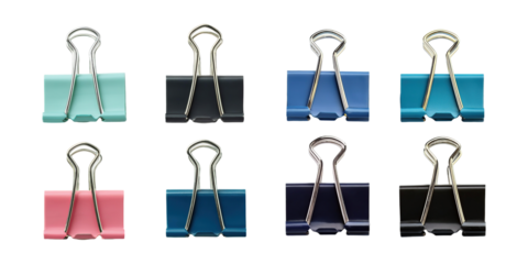 Colorful Binder Clips for Office Organization, PNG collection, set bundle, isolate on transparent or white background