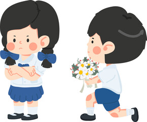 Boy is holding flowers to apologize to a girl