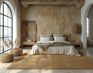 Nomadic style bedroom interior background, 3D render