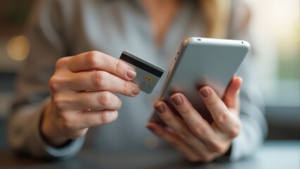 Engaging in online shopping with a smartphone and credit card at a cozy cafe