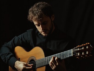 Young Man Playing Classical Guitar In Darkness