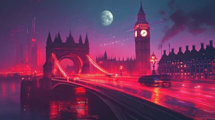 Obraz premium Night scene of London's iconic landmarks, Big Ben and Tower Bridge, glowing in vibrant red light.