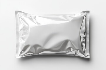 White blank foil packaging bag mockup, front view, isolated on transparent background