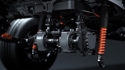 A close-up of a robotic arm assembling a car's suspension system
