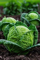 Fresh green cabbage plants growing in rich soil, covered in water droplets after rain. The vibrant leaves and natural environment highlight organic farming and sustainable agriculture.
