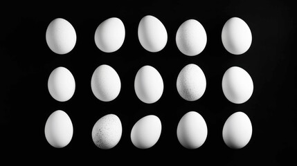 A black-and-white photo series showcasing the simplicity and elegance of eggs in geometric arrangements