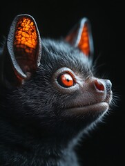 Close-up portrait of a bat with glowing ears and red eyes against a black background.