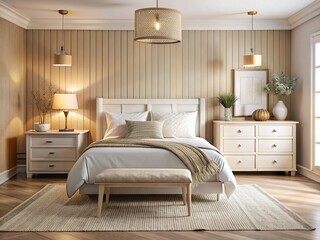 Modern Coastal Bedroom Design - White Bed, Beige Rug