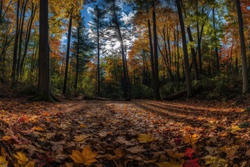 Obraz premium Autumn forest path, sunlight, leaves, nature, fall, scenic, woodland, trail, landscape, panorama