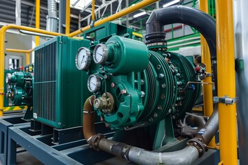 Fototapeta premium Powerful air compressor operating with multiple gauges and valves