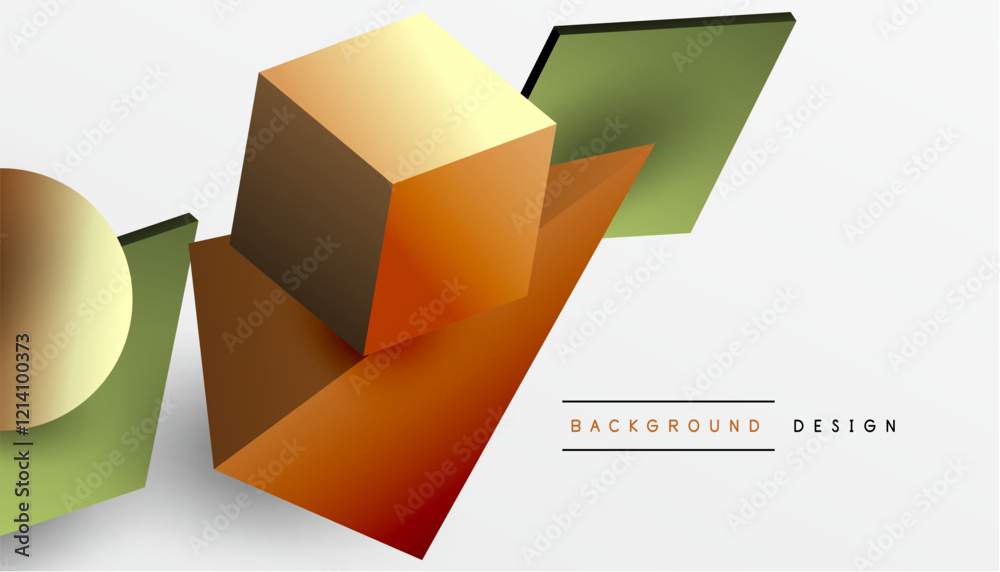 Poster abstract design showcasing isometric cubes, pyramids, squares, and spheres in a vibrant 3d layout. m
