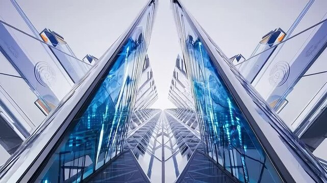 Futuristic upward view of a mirrored glass building with glowing blue effects creating a dynamic and modern feel