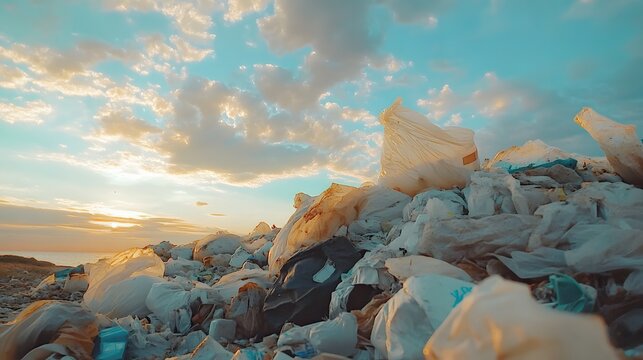 Sunset over a sprawling landfill highlighting waste and environmental concerns