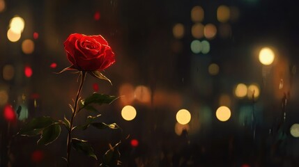 Obraz premium A single red rose blooms against a soft bokeh light background at night
