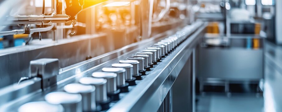 Silver cans moving on an automated conveyor belt in a factory with bright sunlight