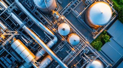 Industrial plant aerial view with silver tanks and intricate piping system at twilight hour