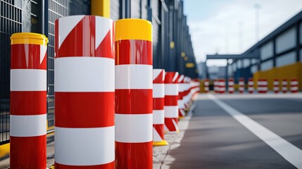 Obraz premium Red and white striped bollards line a grey road with a blurred industrial building background