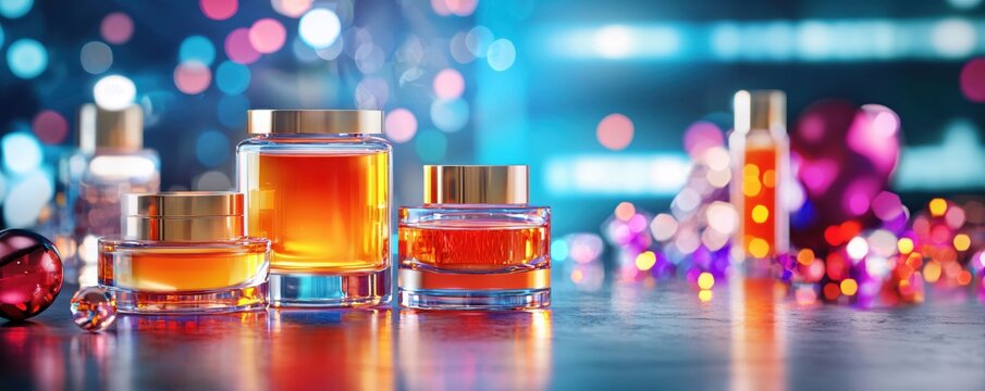 Glass containers with golden lids on a reflective surface with blurred colorful lights