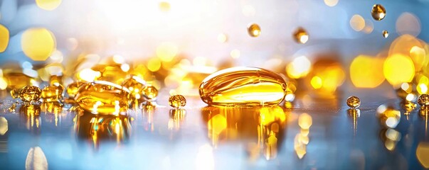 Golden gel capsules on reflective surface with bokeh light effect and bright background
