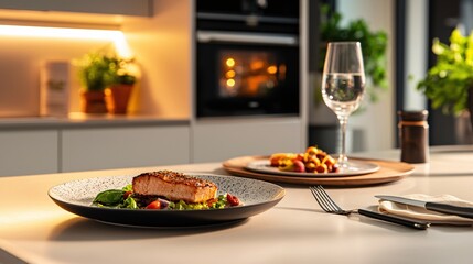 Elegant dinner setting with salmon and vegetables on a modern kitchen counter top