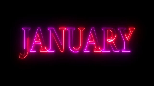 Neon January text animation on black background. january month neon line text concept. January neon looping animation. first month of year