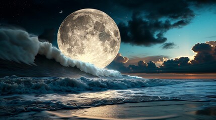 Huge moon over ocean waves at night; fantasy seascape