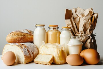 Fresh farm products display with bread milk eggs butter and paper bags on a white surface