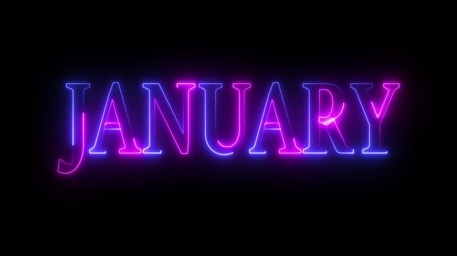 Neon January text animation on black background. january month neon line text concept. January neon looping animation. first month of year