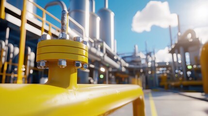 Yellow pipe with metal flange and bolts at industrial plant on a sunny day with blue sky