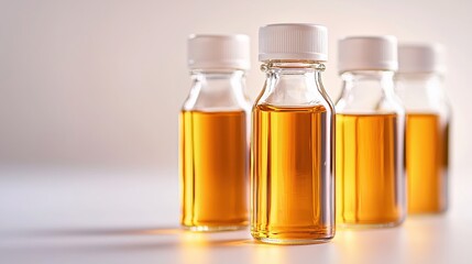 Four glass bottles with amber liquid and white caps on a light background in a studio setting