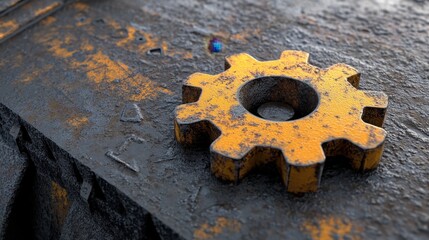 Rusty Gear on Weathered Metal Surface.