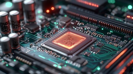 Illuminated CPU on motherboard, circuit board, technology