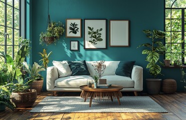 A modern living room interior mock-up featuring a blue sofa, a wooden table, and various decor elements, presented as a 3D render
